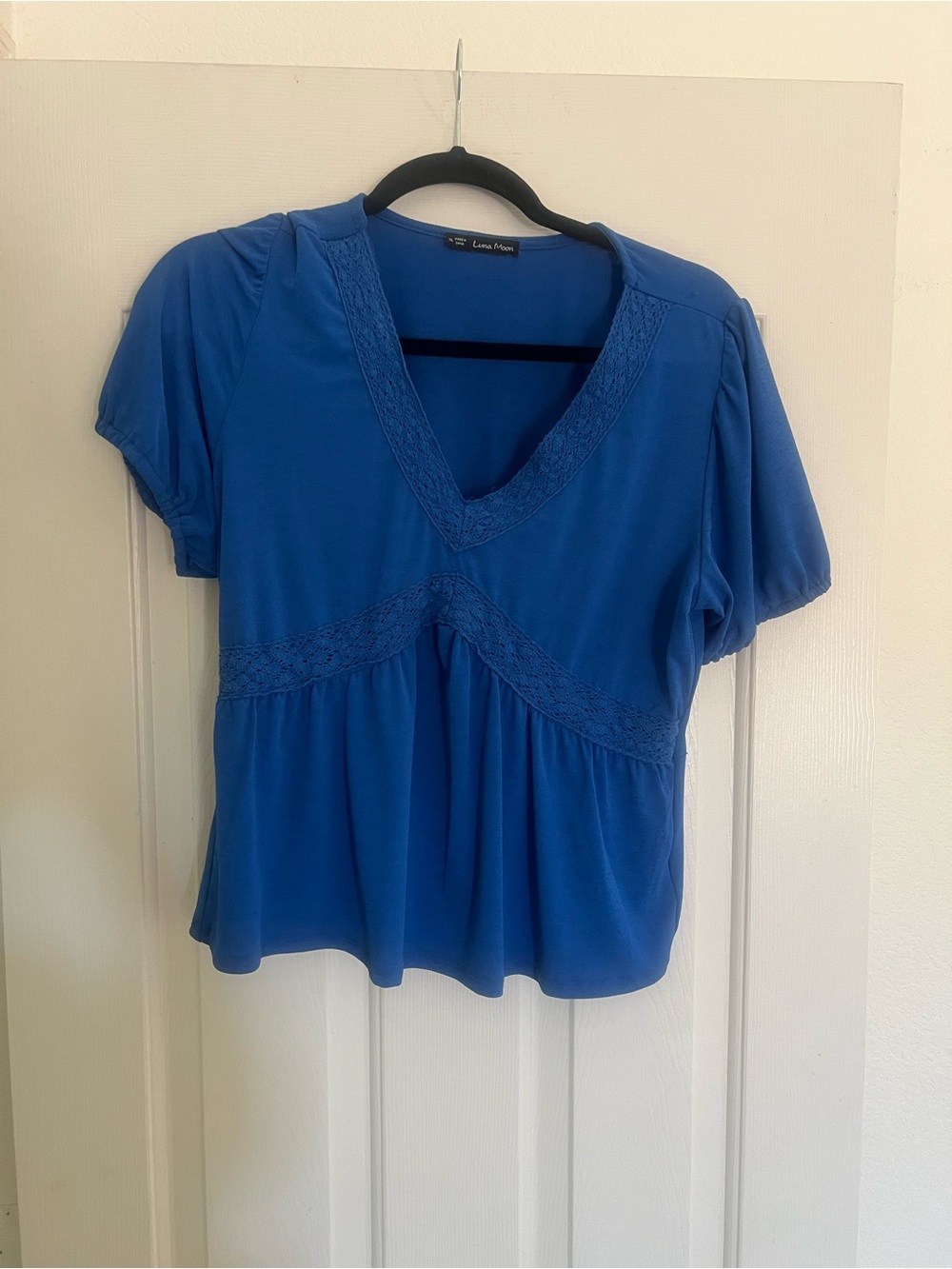 Blue V-Neck Lace Trim Women's Top